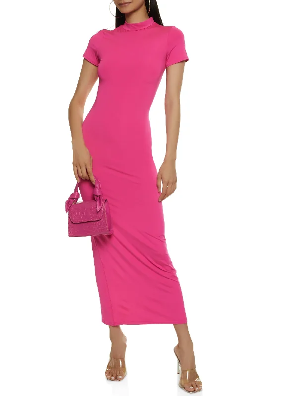 Solid Short Sleeve Mock Neck Maxi Dress