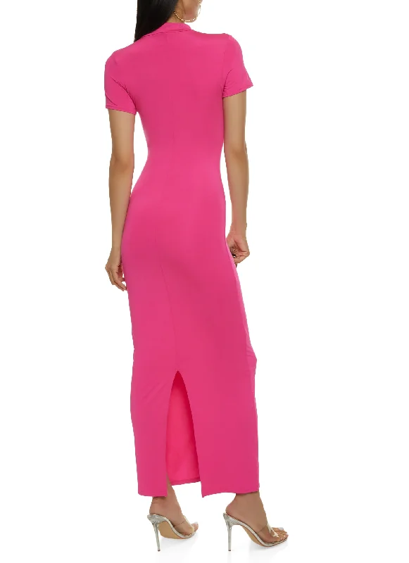 Solid Short Sleeve Mock Neck Maxi Dress