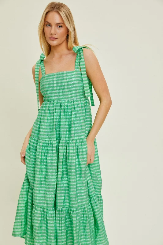 Green Gingham Shoulder Tie Dress