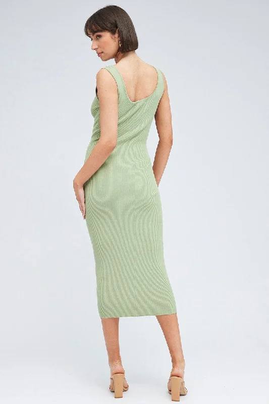 Green Knit Midi Dress Square Neck Sleeveless