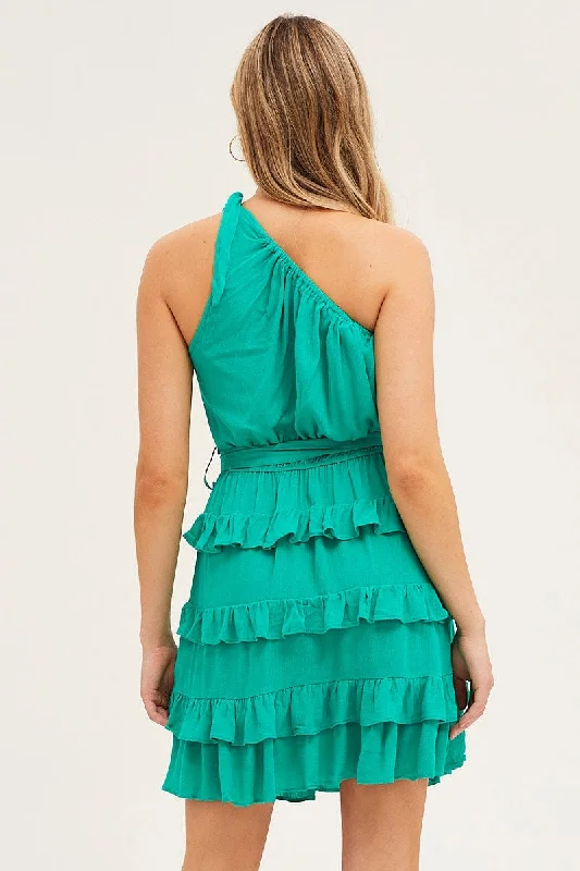 Green Mini Dress One Shoulder Sleeveless