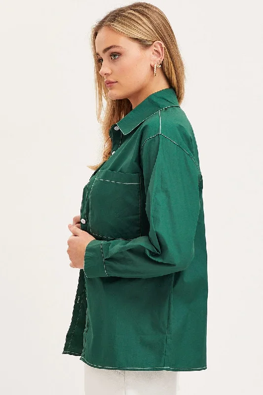 Green Oversized Shirts Long Sleeve Collared