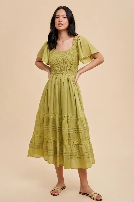 Green Smocked Short Sleeve Midi Dress