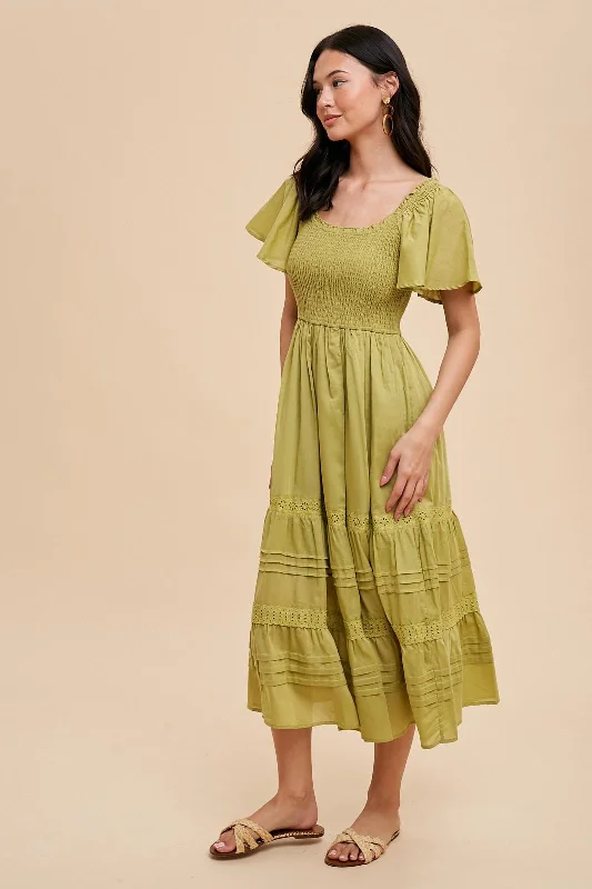 Green Smocked Short Sleeve Midi Dress