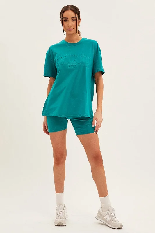 Green Textured Tee And Biker Shorts Set