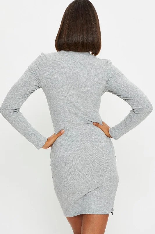 Grey Side Zip Bodycon Ribbed Dress