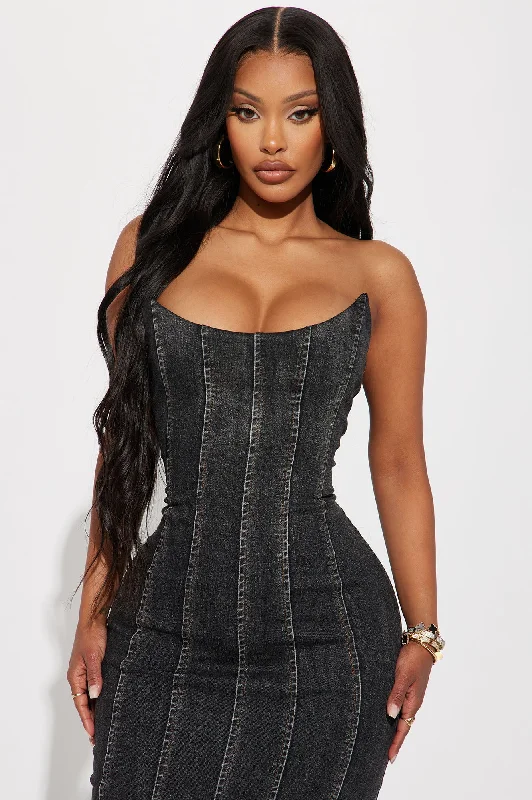 Hottie Denim Midi Dress - Black Wash