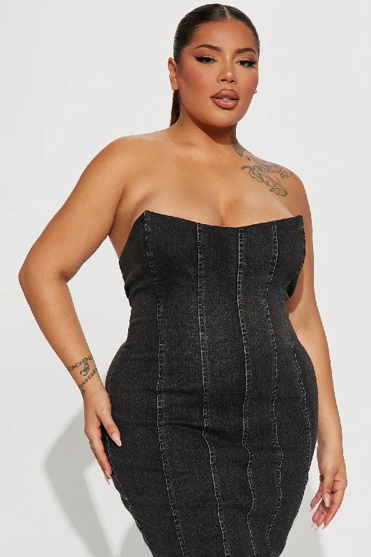 Hottie Denim Midi Dress - Black Wash