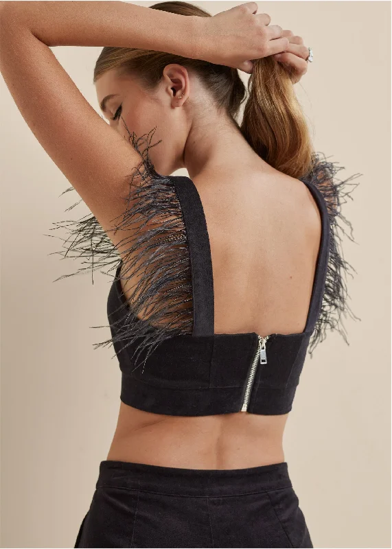 Feather trim crop top - Black