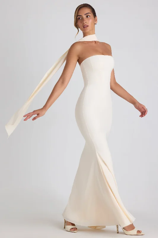 Scarf-Detail Strapless Gown in Ivory