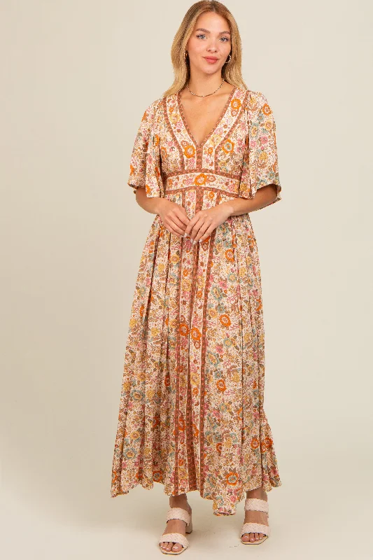 Ivory Floral Border Print Flutter Sleeve Maxi Dress