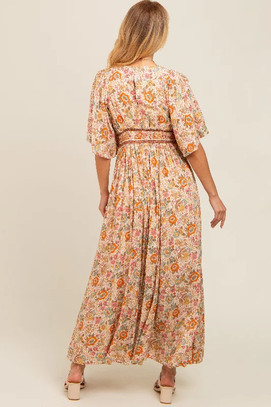 Ivory Floral Border Print Flutter Sleeve Maxi Dress