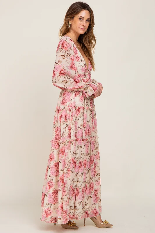 Ivory Floral Chiffon Ruffle Tiered Maxi Dress