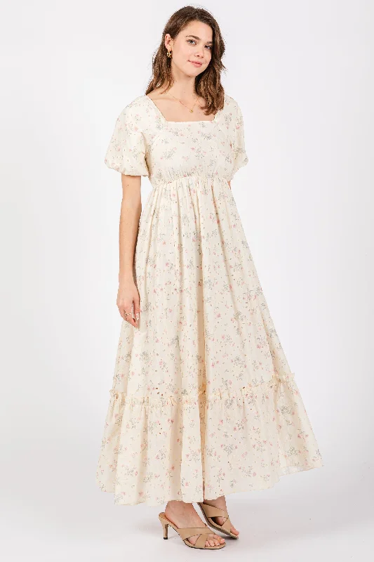 Ivory Floral Eyelet Puff Sleeve Maxi Dress