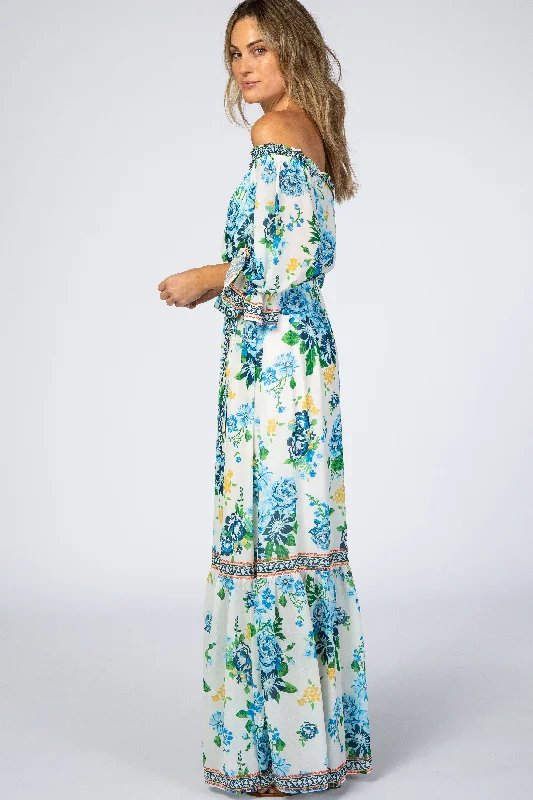 Ivory Floral Off Shoulder Maxi Dress