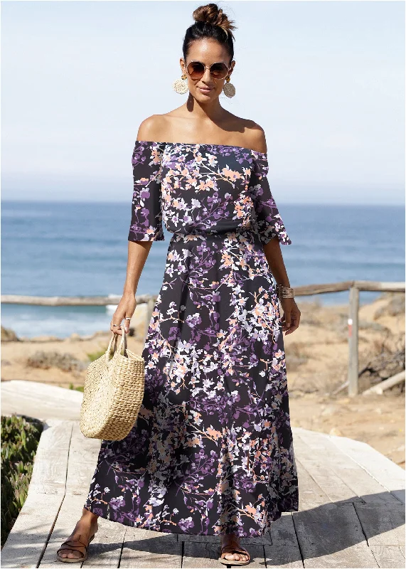 Off-the-shoulder maxi dress - Purple Multi