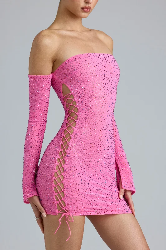 Embellished Lace-Up Off-Shoulder Mini Dress in Bubblegum Pink