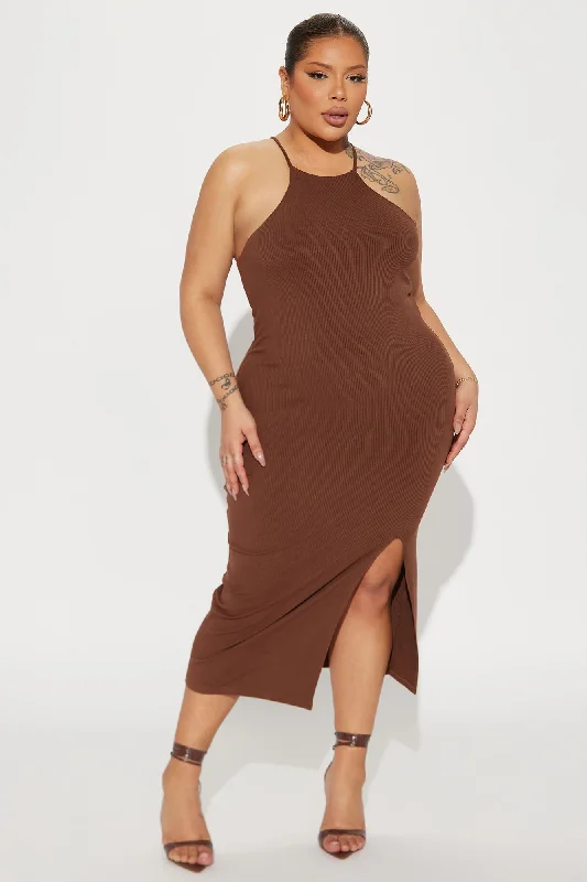 Jill Ribbed Midi Dress - Brown