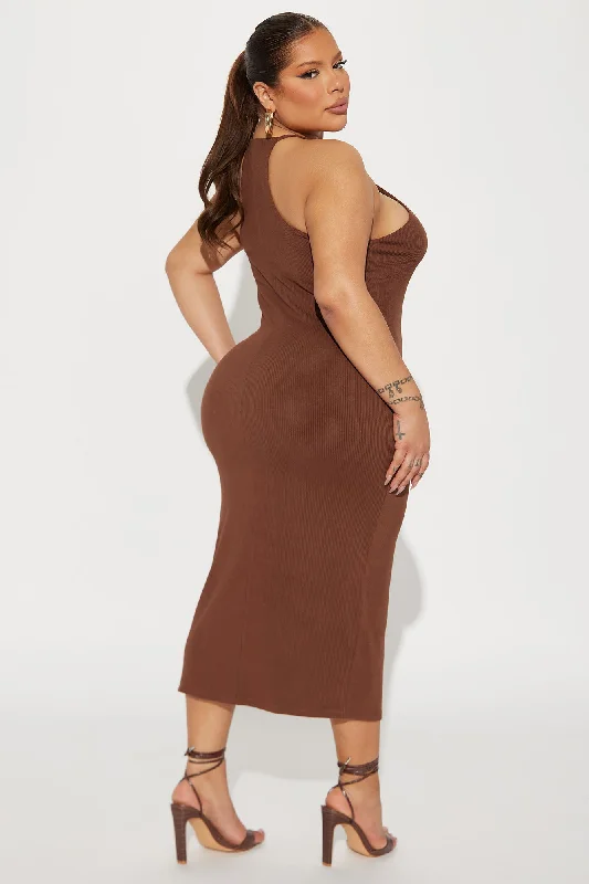 Jill Ribbed Midi Dress - Brown