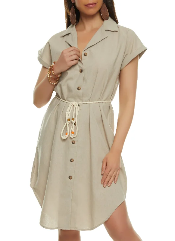 Linen Button Front Rope Belt Shirt Dress