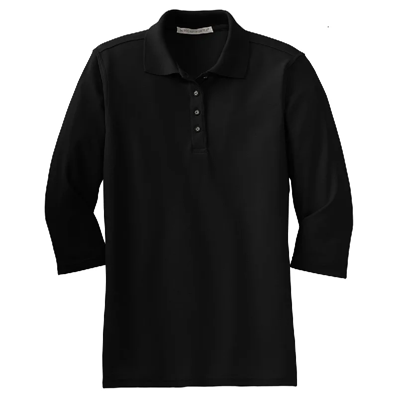 Port Authority Women's Black Silk Touch 3/4-Sleeve Polo