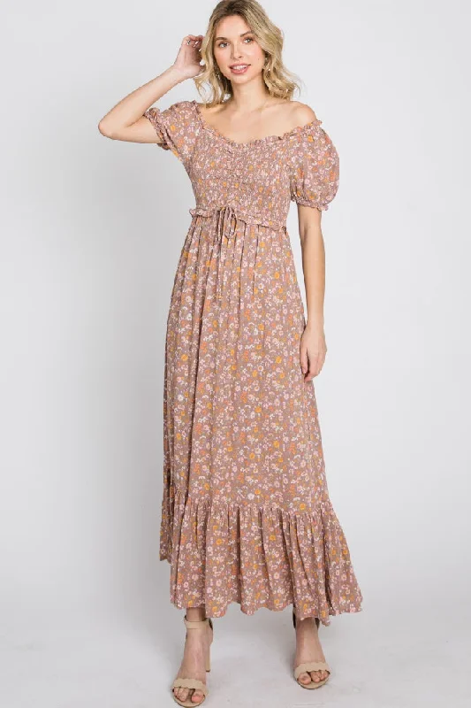 Lavender Floral Sweetheart Neck Off Shoulder Maxi Dress