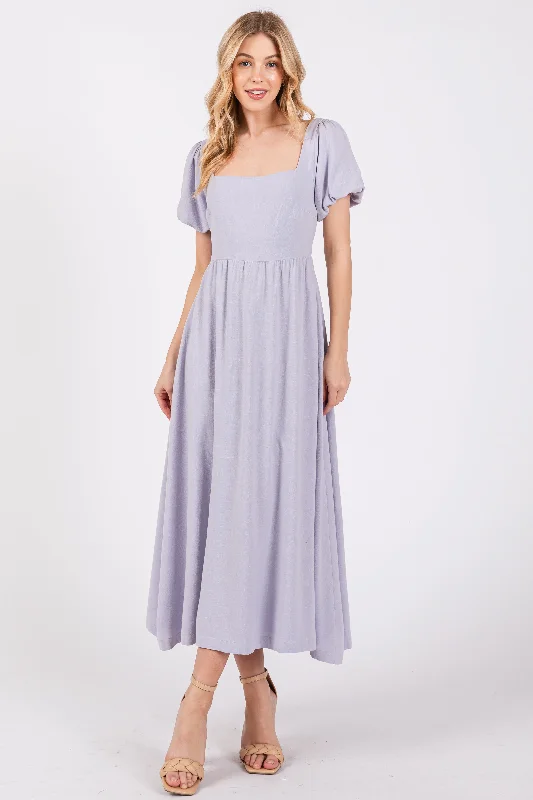 Lavender Puff Sleeve Linen Midi Dress