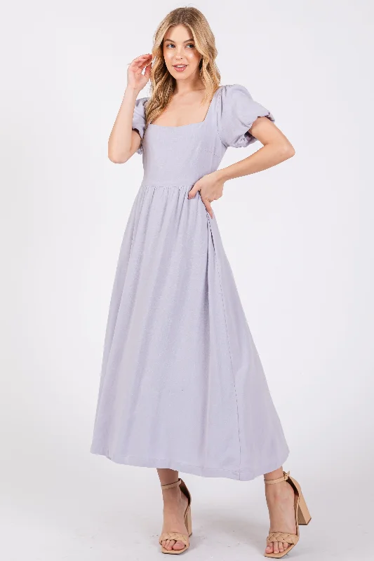 Lavender Puff Sleeve Linen Midi Dress