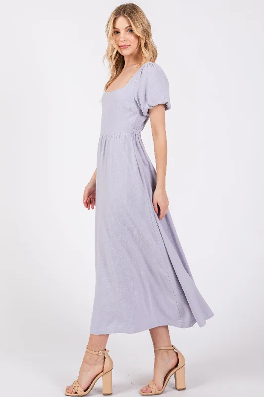 Lavender Puff Sleeve Linen Midi Dress