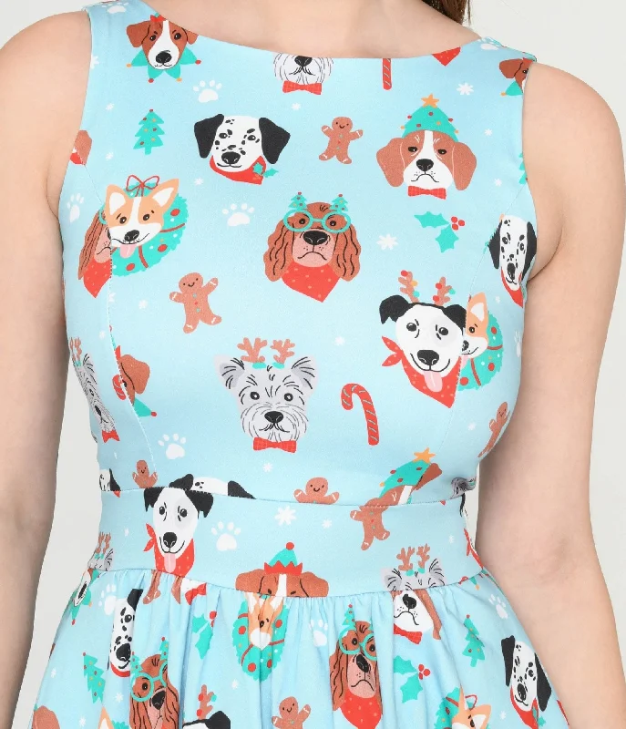 Light Blue & Christmas Puppy Print Flare Dress