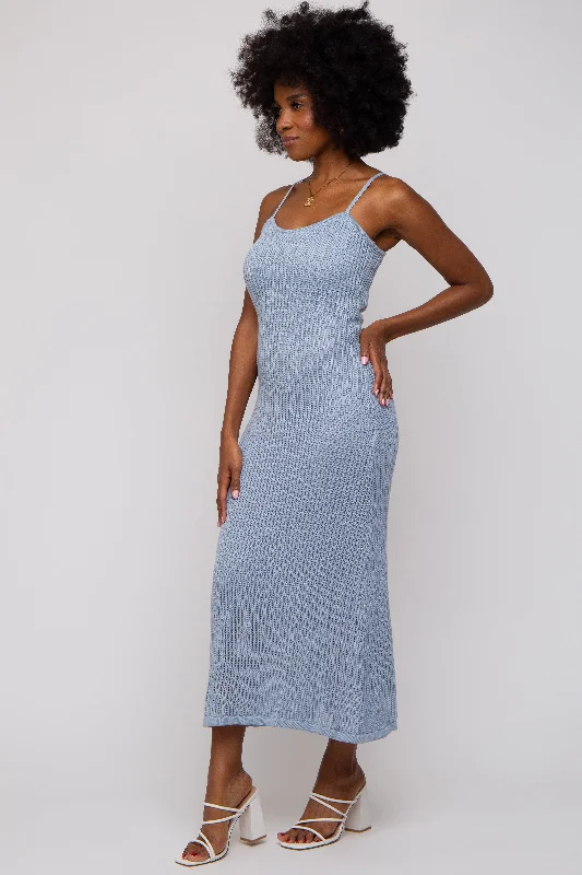 Light Blue Open Knit Crochet Midi Dress