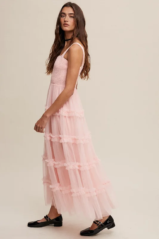 Light Pink Smocked Ruffle Tiered Tulle Midi Dress