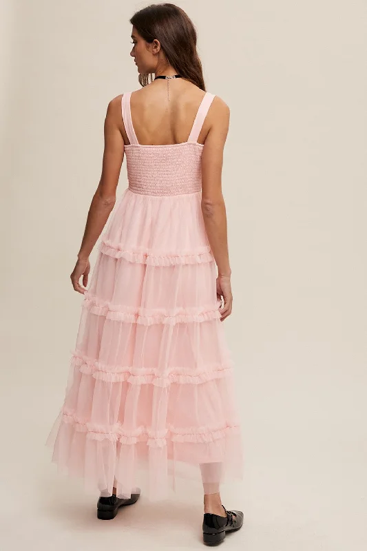 Light Pink Smocked Ruffle Tiered Tulle Midi Dress