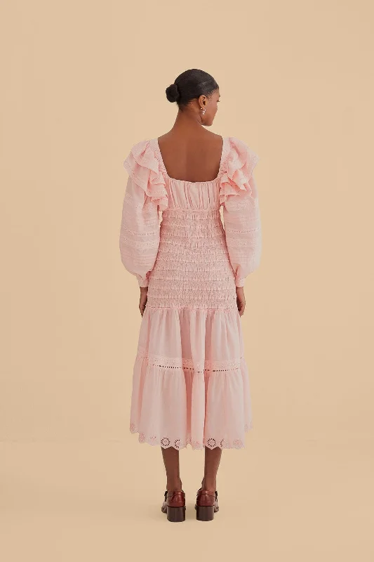 Light Pink Long Sleeve Smocked Midi Dress