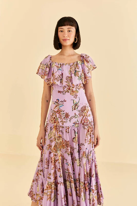 Lilac Floral Monkey Short Sleeve Maxi Dress