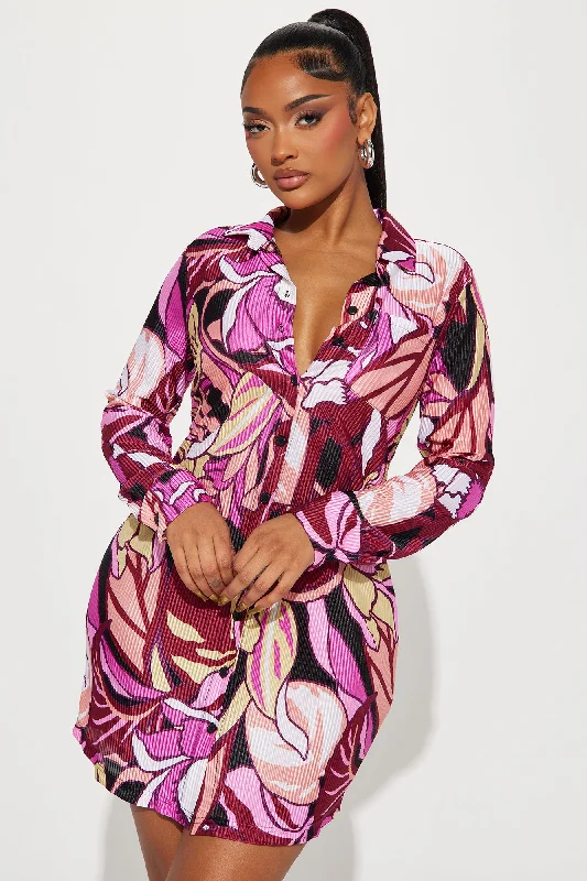 Lisa Plisse Tropical Shirt Dress - Fuchsia/combo