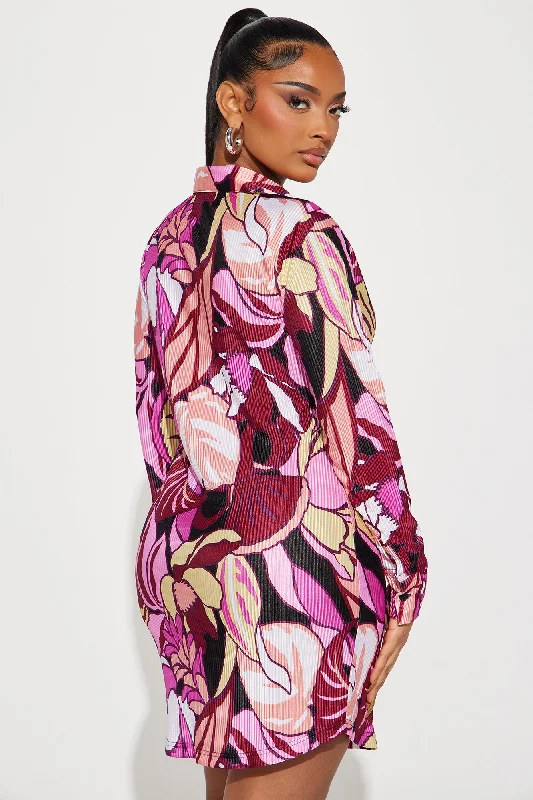 Lisa Plisse Tropical Shirt Dress - Fuchsia/combo