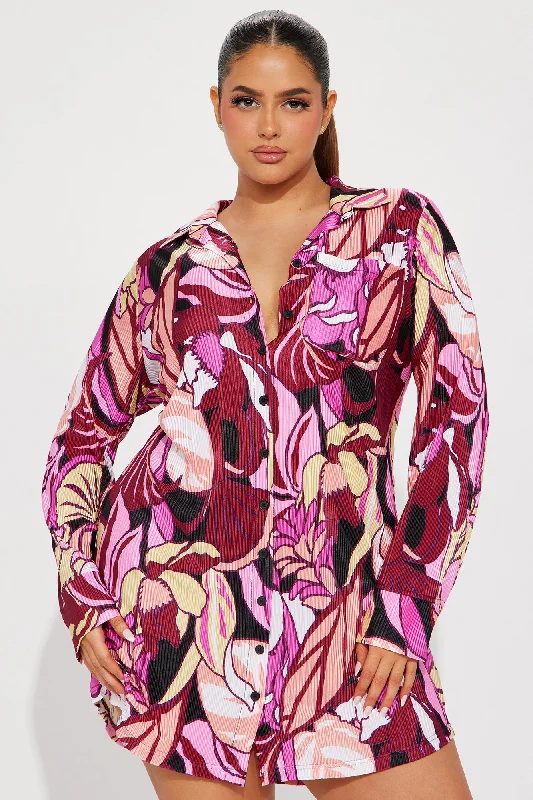 Lisa Plisse Tropical Shirt Dress - Fuchsia/combo