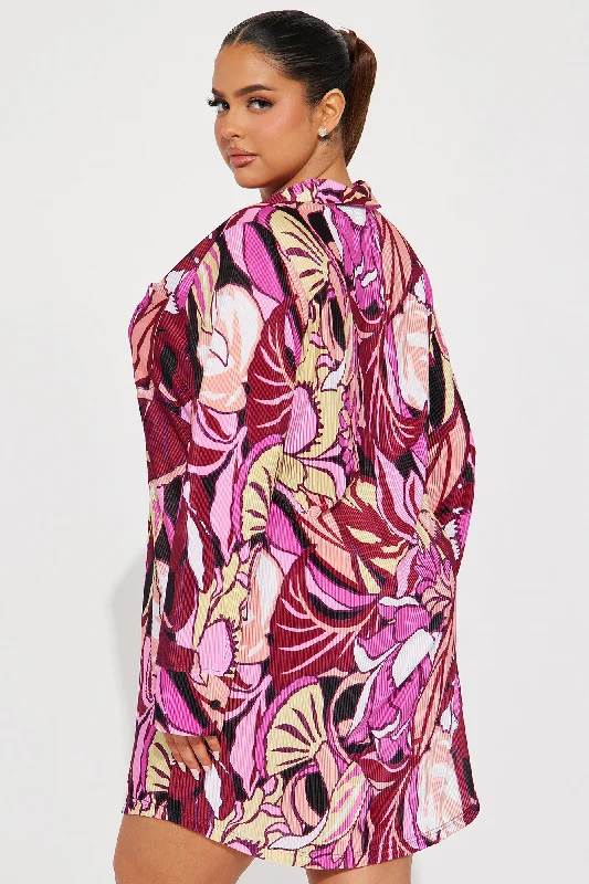 Lisa Plisse Tropical Shirt Dress - Fuchsia/combo