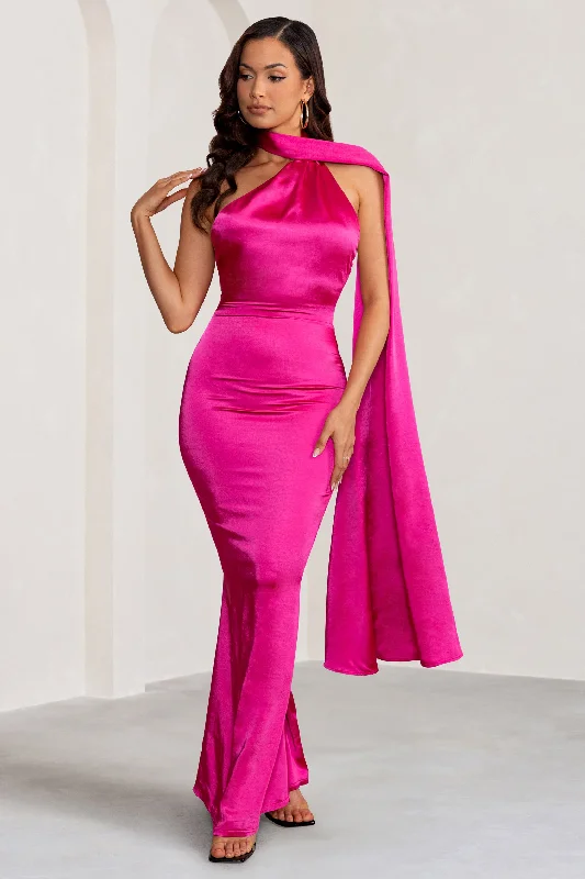 Mademoiselle | Hot Pink Asymmetric Scarf Neck Backless Maxi Dress