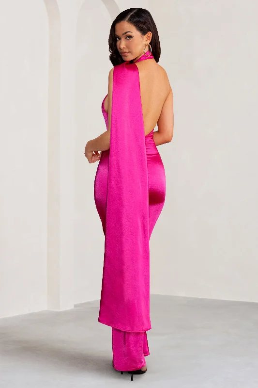 Mademoiselle | Hot Pink Asymmetric Scarf Neck Backless Maxi Dress