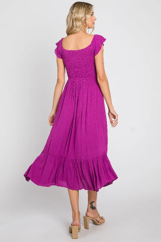 Magenta Smocked Ruched Ruffle Hem Maxi Dress