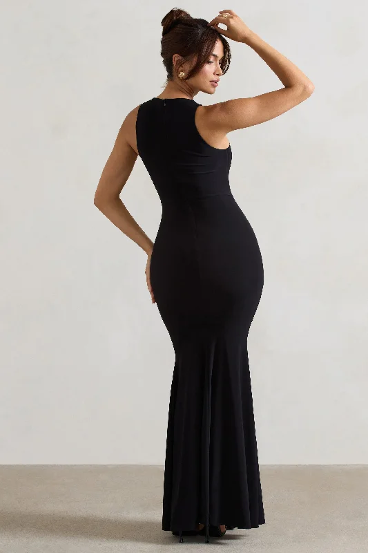 Maren | Black Racer-Neck Gathered Maxi Dress With Drape