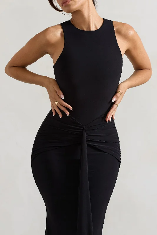 Maren | Black Racer-Neck Gathered Maxi Dress With Drape