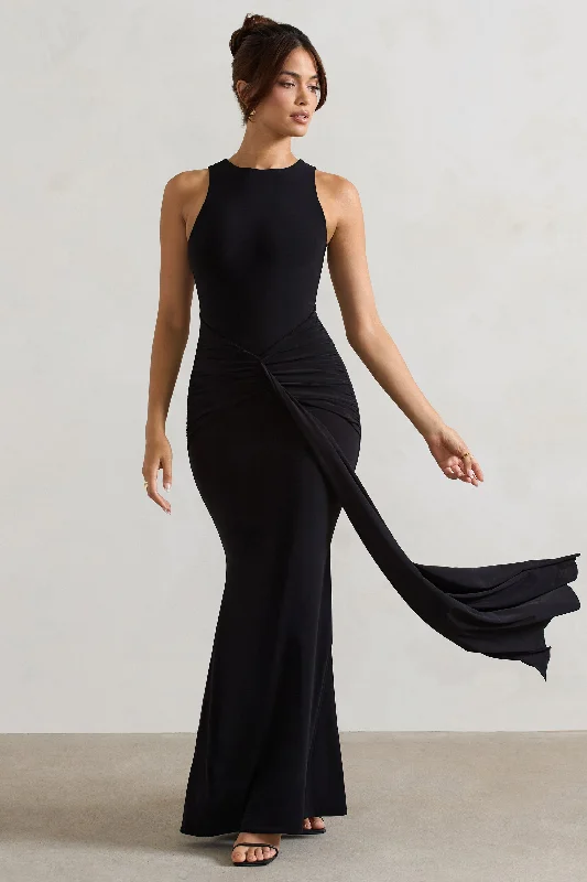 Maren | Black Racer-Neck Gathered Maxi Dress With Drape