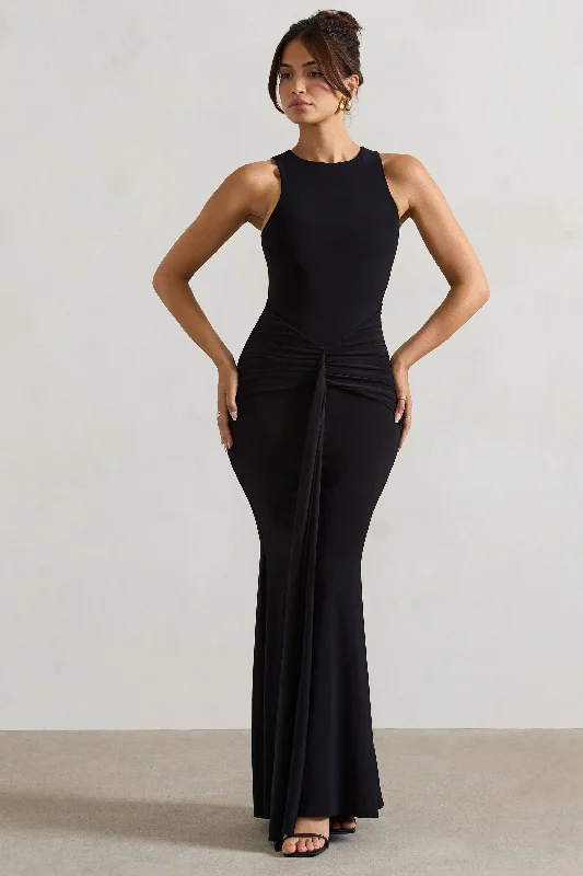 Maren | Black Racer-Neck Gathered Maxi Dress With Drape