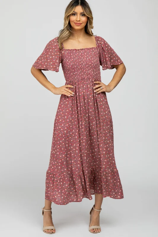 Mauve Floral Smocked Square Neck Midi Dress