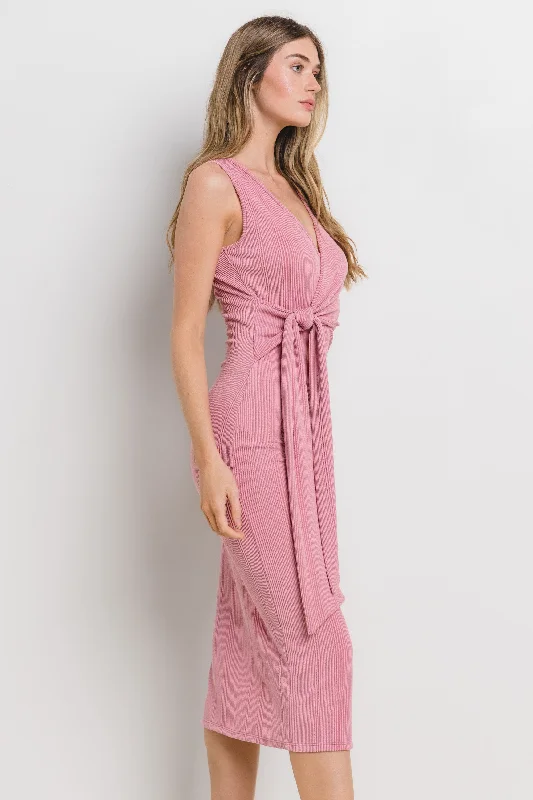 Mauve Ribbed Wrap Midi Dress