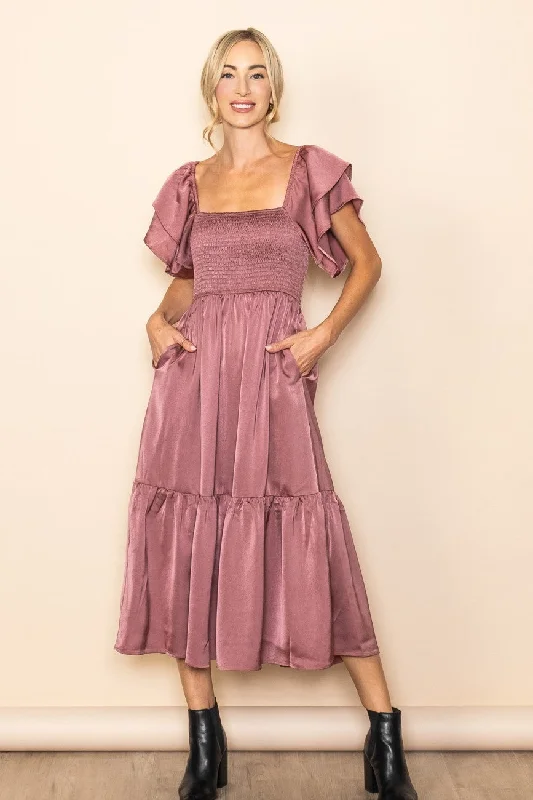 Mauve Satin Flutter Sleeve Midi Dress