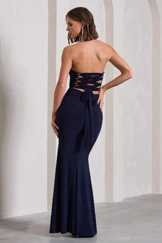 Midnight Calling | Navy Bandeau Split Lace-Up Maxi Dress